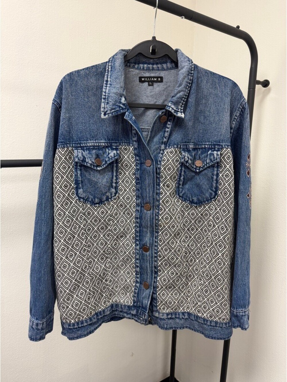 William B Womens Large Denim Jacket Embroidered Boho Patchwork Button Front